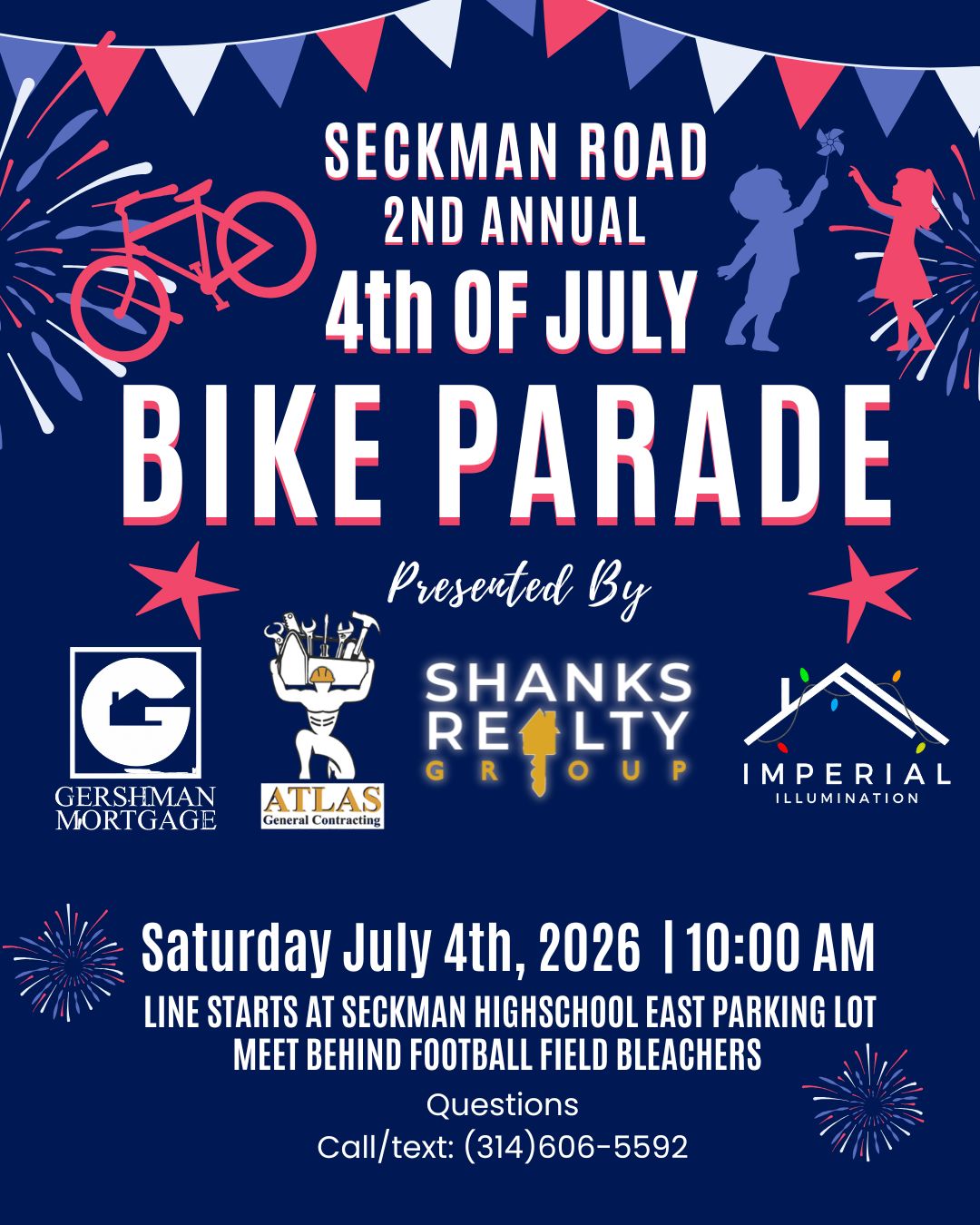 Seckman Road 2nd Annual 4th of July Bike Parade. Saturday July 4th, 2026 at 10:00 AM. Line starts at Seckman High School East parking lot, meet behind football field bleachers. Questions call or text 314-606-5592.